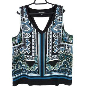 Womens Versona Black & Blue Abstract Sleeveless Blouse V Neck Polyester Size L